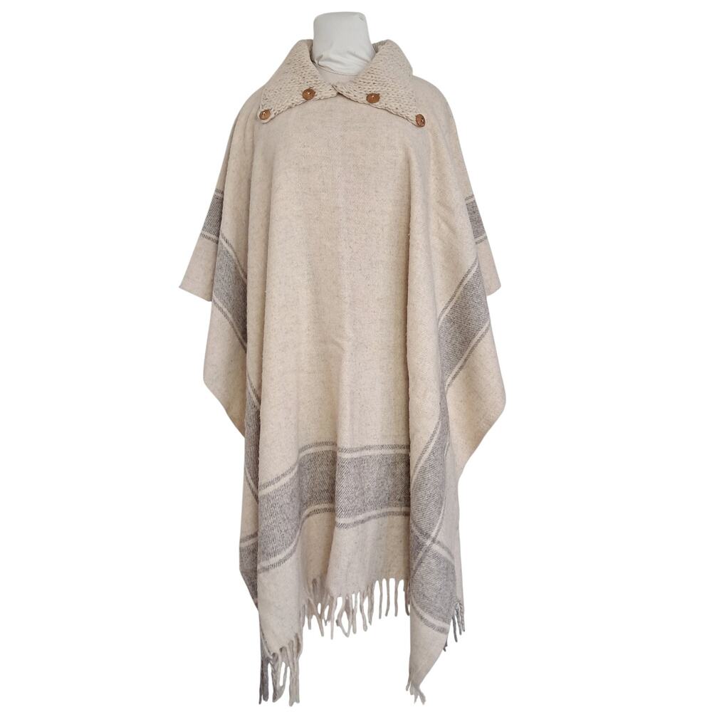 Cream & Gray Wool Ponch with Fringe Thick Knit Sweater Collar Buttons